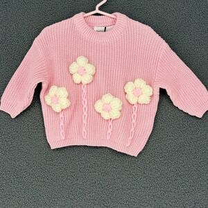 Before & Ever Pink 3D Flower Crochet Knit Cotton Sweater 6-12M NWT